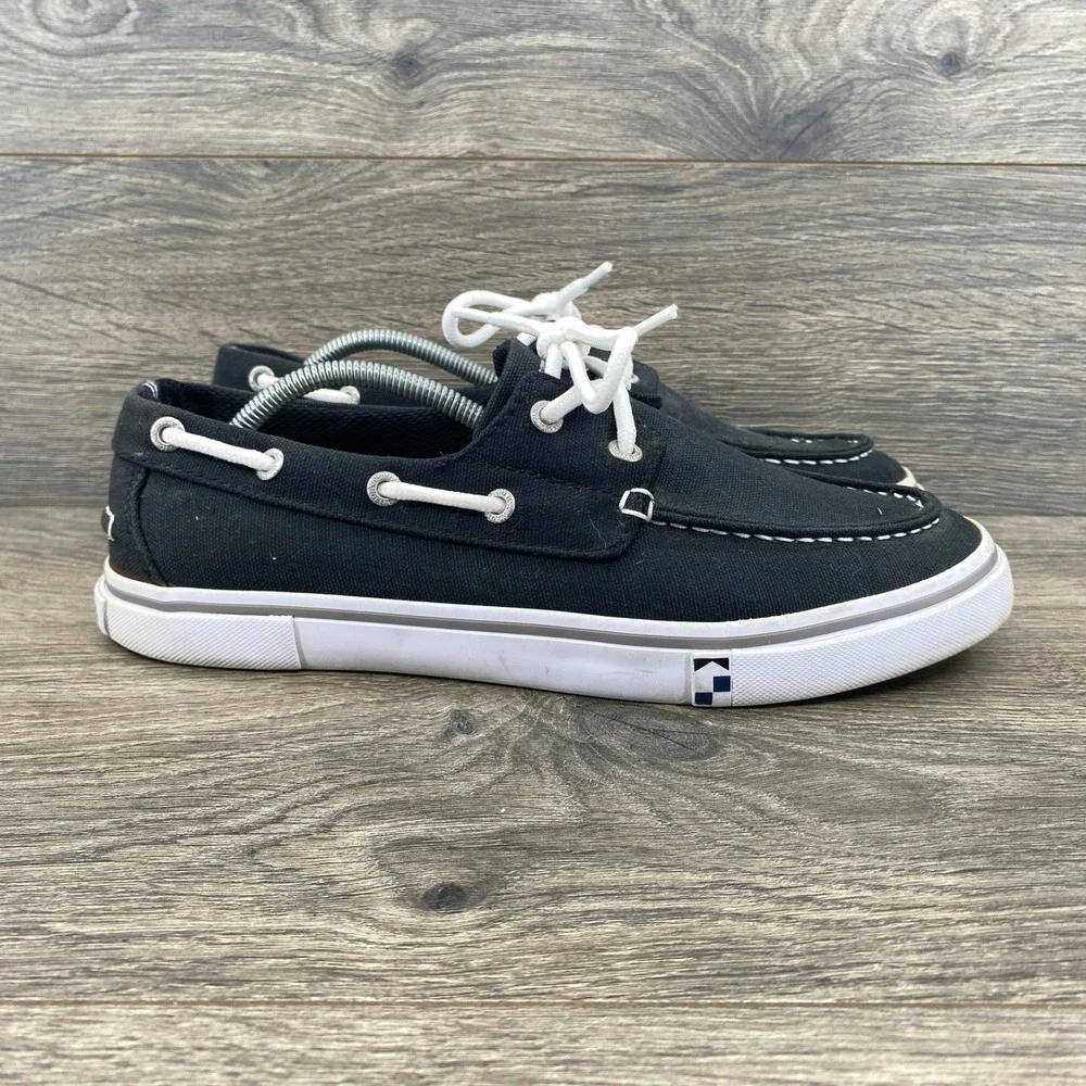 Nautica Galley Boat Shoes Mens 7.5 Black Canvas Lace Up Casual Sneakers